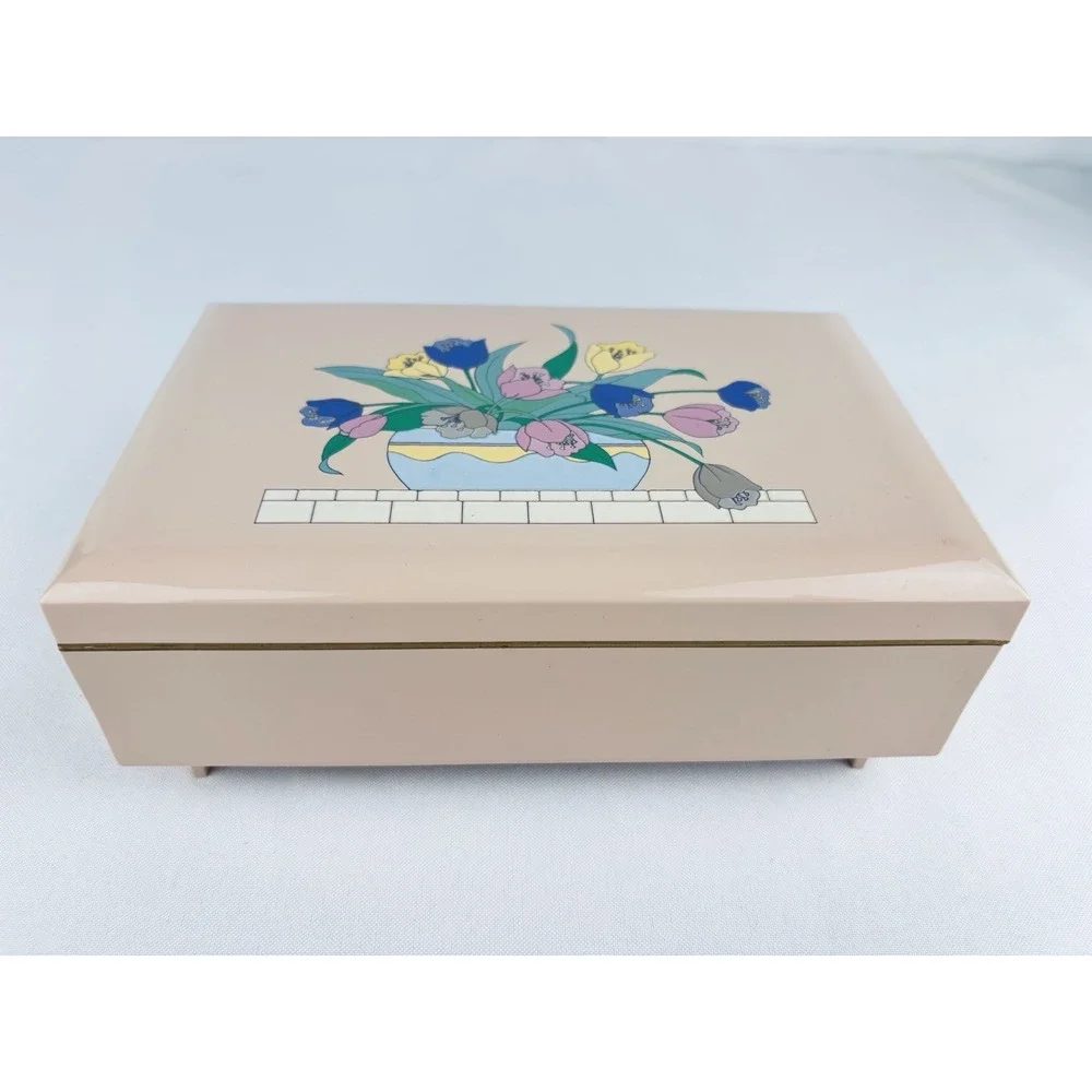 Vintage Otagiri Japan Tulip Pink Lacquerware Musical Jewlery Box Trinket MCM